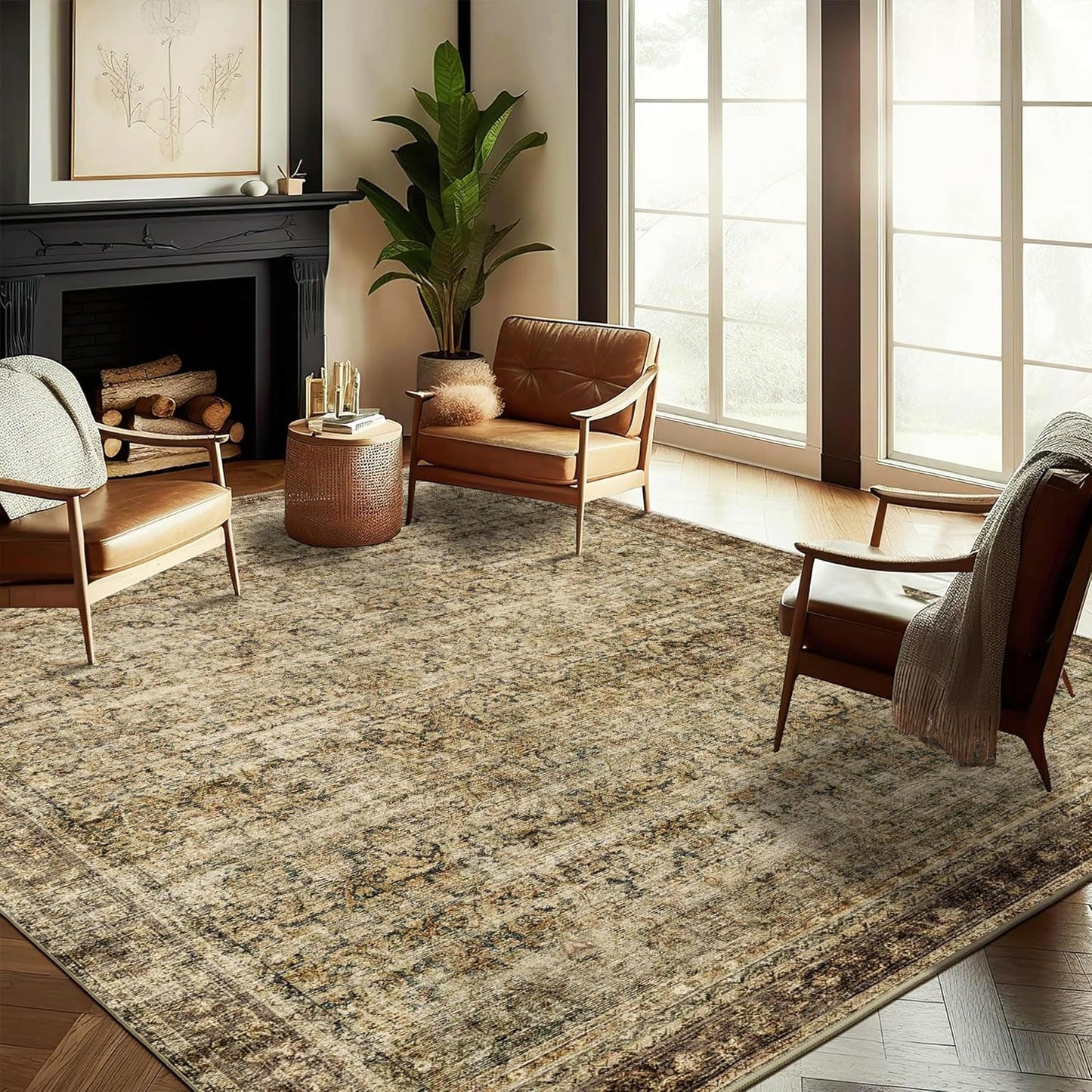 Area Rug 6x9 Washable Rug Dark Brown Vintage Traditional Distressed Thin Retro Kitchen Indoor Floor Cover Non Slip Carpet Floral Print Mat Living Room Bedroom Dining Room