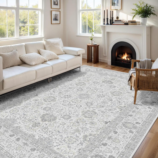 Deerly Light Grey Vintage 6x9 Nursery Rugs for Living Room, Rug Boho Washable Area Rug with Non-Slip Backing, Indoor Carpet for Bedroom Dining Room