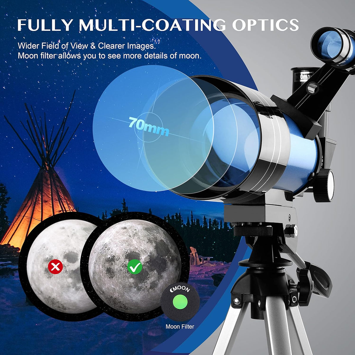 AOMEKIE Telescopes,70mm Aperture 300mm Table Tripod, Astronomical for Beginners,2 Eyepieces 150X with Smartphone Adapter Moon Filter 3X Barlow