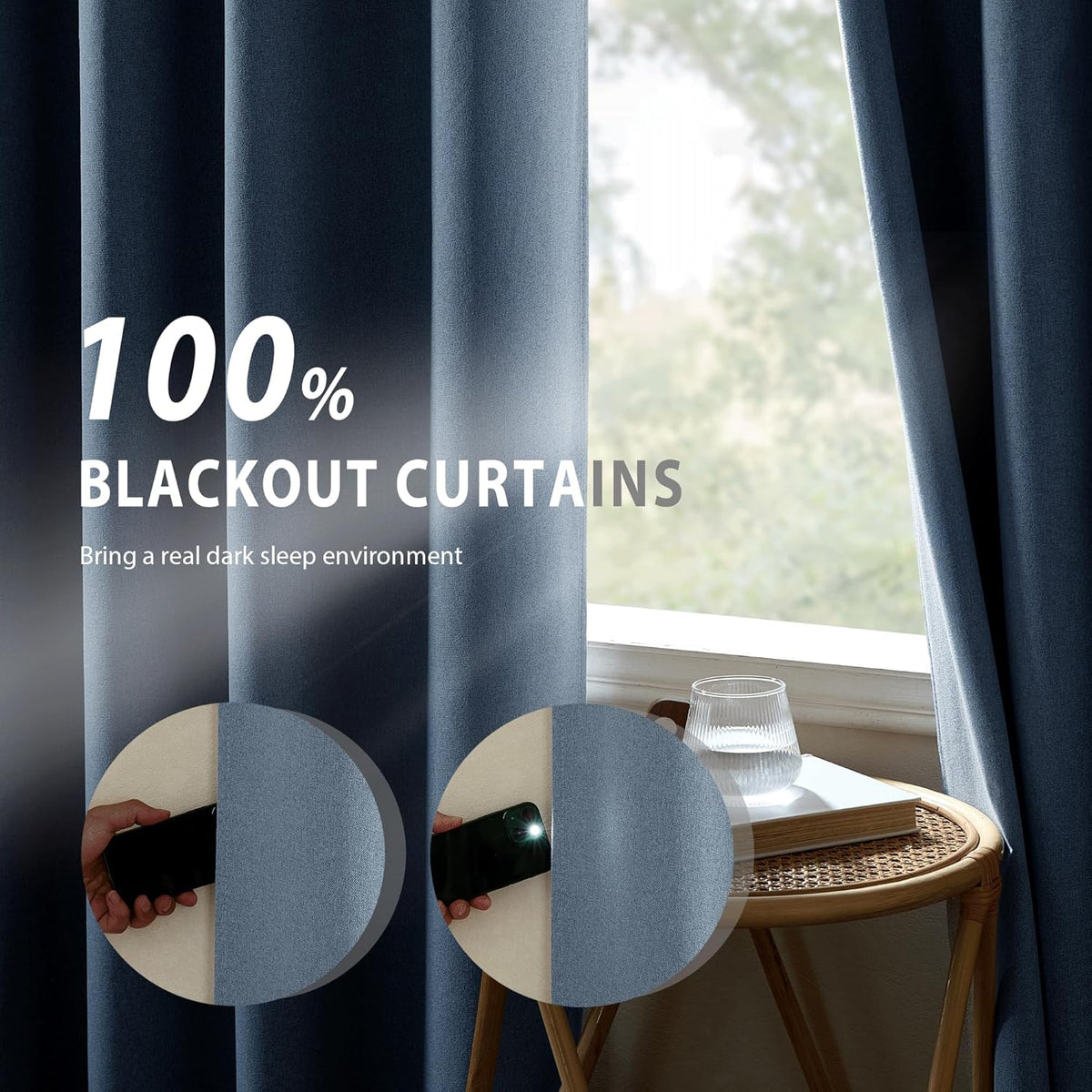 NICETOWN Stone Blue Full Shade Faux Linen Curtain Panels 72" Long, Pair of Energy Smart & Noise Blocking Out Blackout Drapes for Guest Room Window, Thermal Insulated Lined Window Dressing (52 inch)