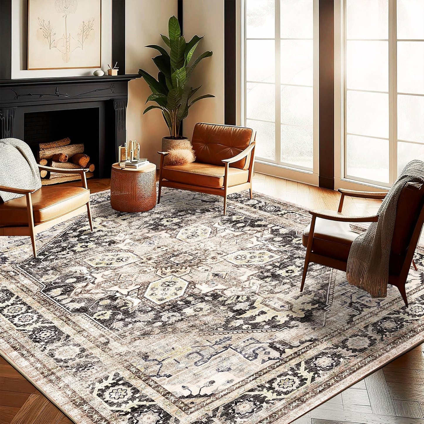 Washable Area Rug 10'x14' Black-Purple Khaki Retro Flowers Boho Design Non-Shedding Easy Care Ideal for High Traffic Areas in Living Room Bedroom Office Coffee Table Kitchen Large Carpet
