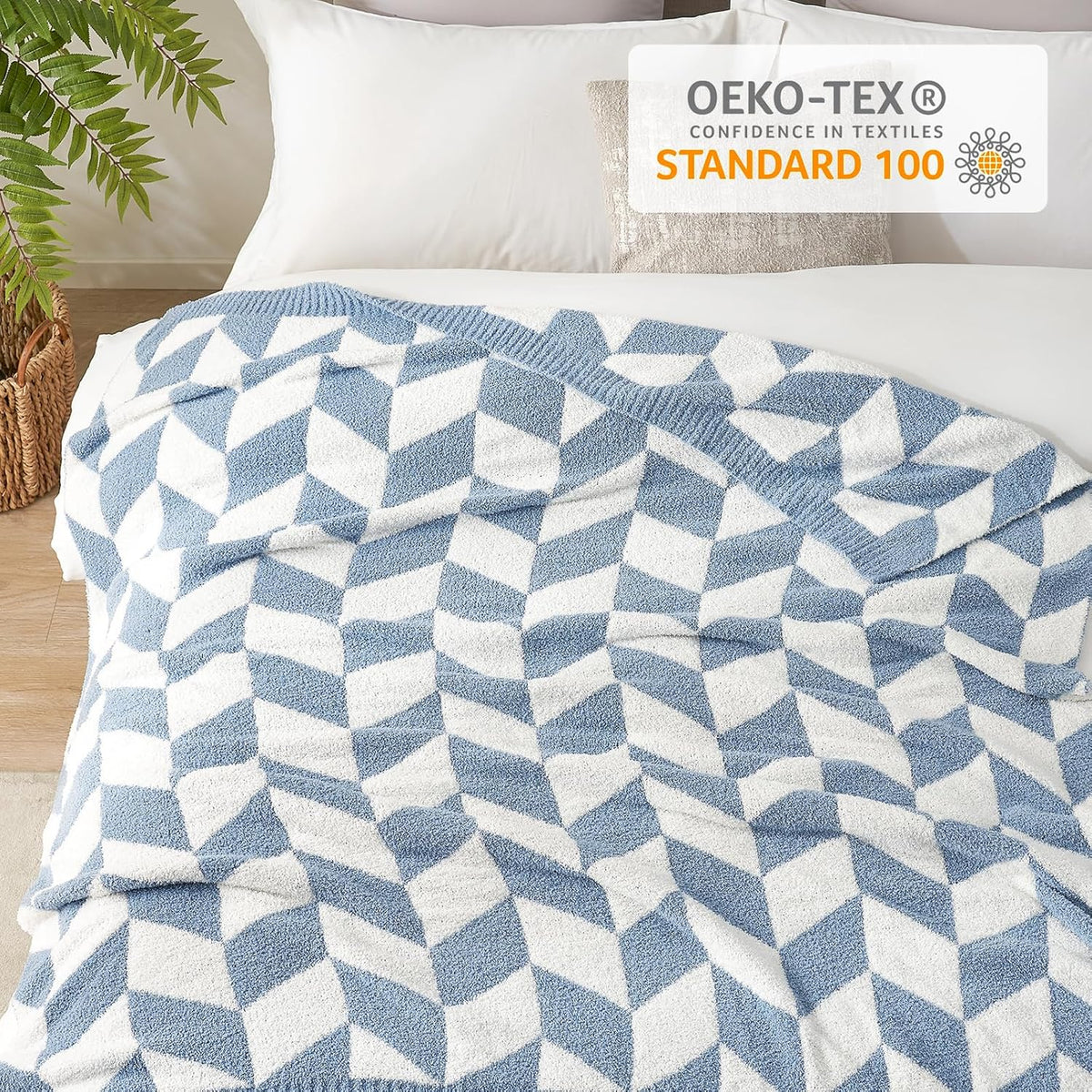 Snuggle Sac Chevron Throw Blanket for Couch, Reversible Super Soft Warm Blankets Cozy Knit Fuzzy Plush Lightweight Throws for Sofa, Bed, Camping, Blue, 50x60 inches
