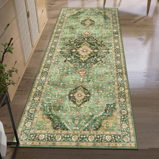 3x7 Runner Rugs for Hallway Non-Slip Hallway Runner Rug with Rubber Backing Washable Rug Runner for Kitchen Bedroom Vintage Distressed Carpet (Border Green)
