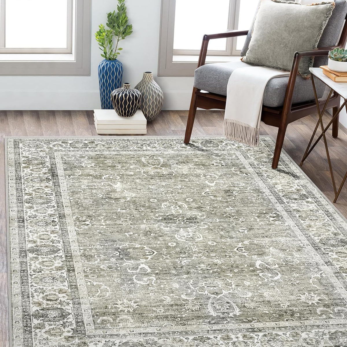 Deerly Washable Rug 5x7 Area Rugs for Living Room, Non Slip Large Rug for Bedroom Dining Room, Low-Pile Kid & Pet Friendly Distressed Carpet Print Floor(Cream)