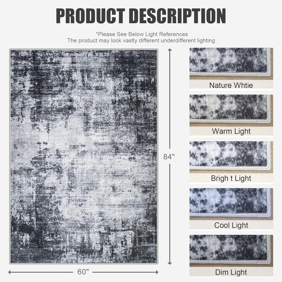 5x7 Area Rug Living Room Rug: Washable Modern Abstract Soft Thin Rug Indoor Floor No Slip Stain Resistant Carpet for Bedroom Dining Room Farmhouse Nursery Home Office - Dark Black