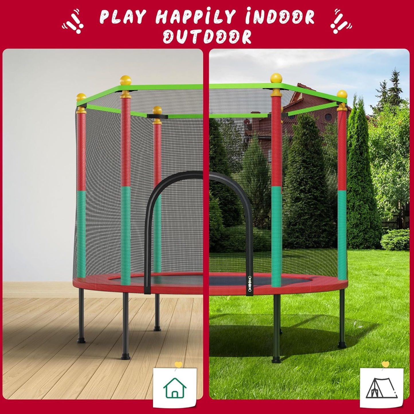 55IN Trampoline for Kids - Indoor/Outdoor Play with Enclosure Net - Easy to Assemble Recreational Trampoline - Red