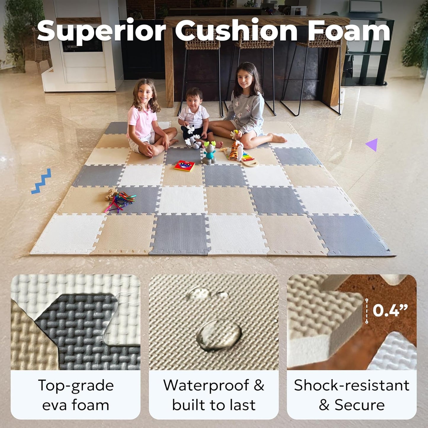 MioTetto Foam Floor Tiles for Kids - Non-Toxic Comfortable Baby Play Mat and Interlocking Foam Tiles, Fits with 74x74 Playpen Mat for Crawling & Development, Soft Play Mat for Babies 6-12 Months