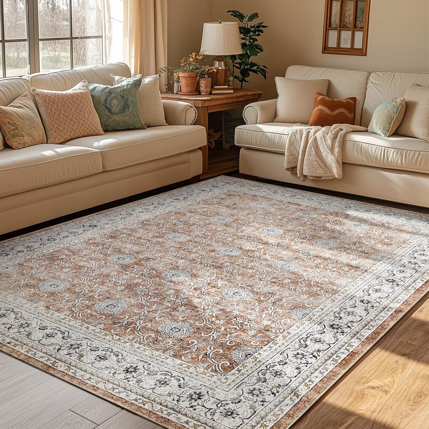jinchan Floral 5x7 Area Rugs for Bedroom - Machine Washable Vintage Distressed Boho Design Throw Rug Stain Resistant Carpet Low-Pile Thin Non-Slip for Nursery Living Room Dining Room (5‘x7',Orange)