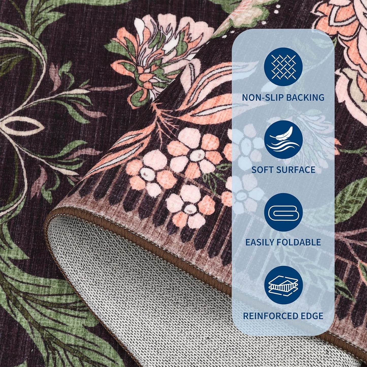 GarveeHome Plum Pink Floral Botanical 2x6 Washable Kitchen Runner Rugs Non Slip Black Purple Vintage Boho Cottage Long Rug for Hallways Bedroom Entryway Bathroom Mat with Rubber Back