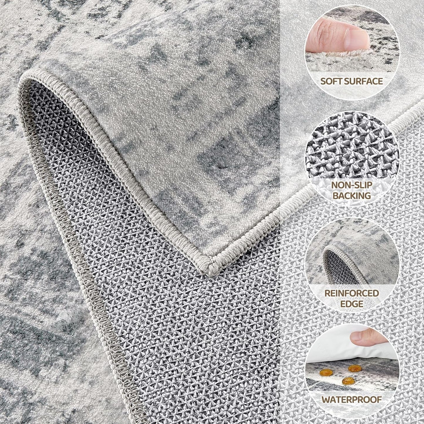 Area Rug for Living Room: 3x5 Washable Neutral Abstract Modern Soft Rugs Non Slip Indoor Floor Stain Resistant Carpet for Bedroom Dining Room Office Nursery - Gray