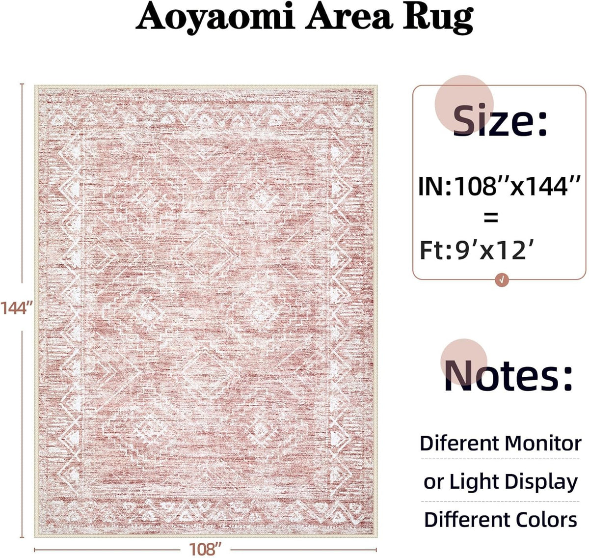 Large Living Room Area Rug 9x12 - Machine Washable Vintage Boho Moroccan Rugs Geometric Neutral Rug Non-Shedding Low Pile Distressed Farmhouse Carpet for Bedroom Nursery Classroom Dorm(9'x12',Pink)