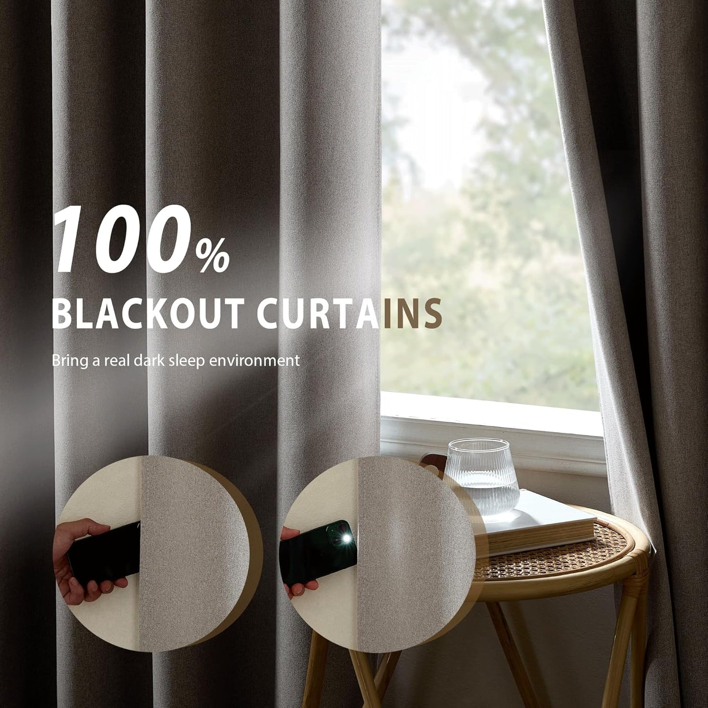 NICETOWN 100% Blackout Natural Faux Linen Curtains 95 inches Length for Dining Room, 2 Panels Set, 52" Wide, Farmhouse Style Room Cooling Window Draperies with Thermal Insulated Liners