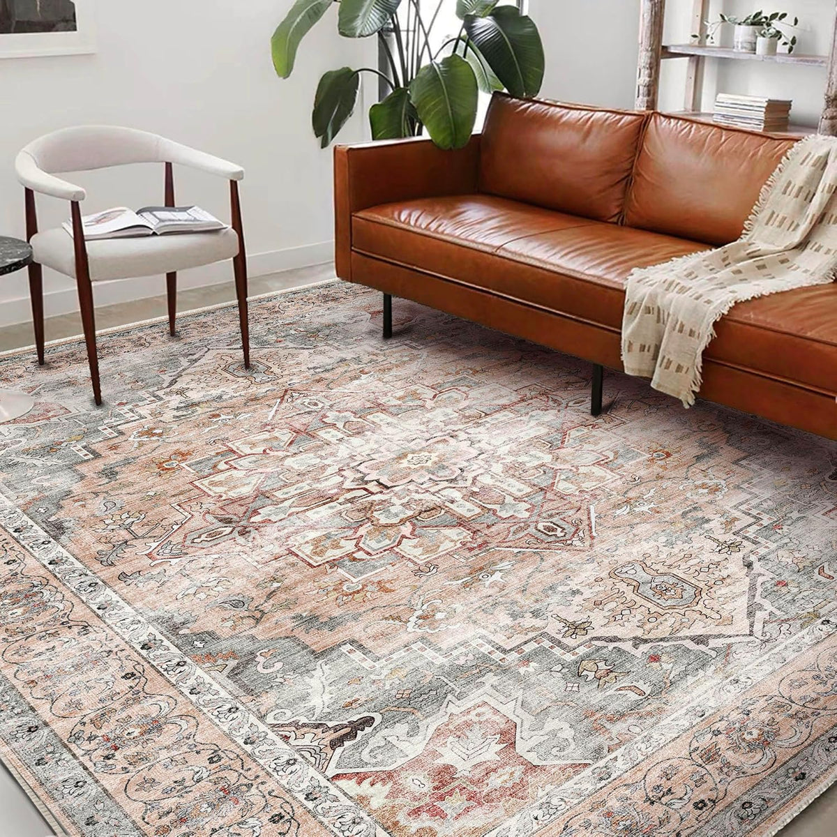 Washable Area Rug 9'x12' Light Cyan and Light red Retro Flowers Boho Design Non-Shedding Easy Care Ideal for High Traffic Areas in Living Room Bedroom Office Kitchen Large Carpet