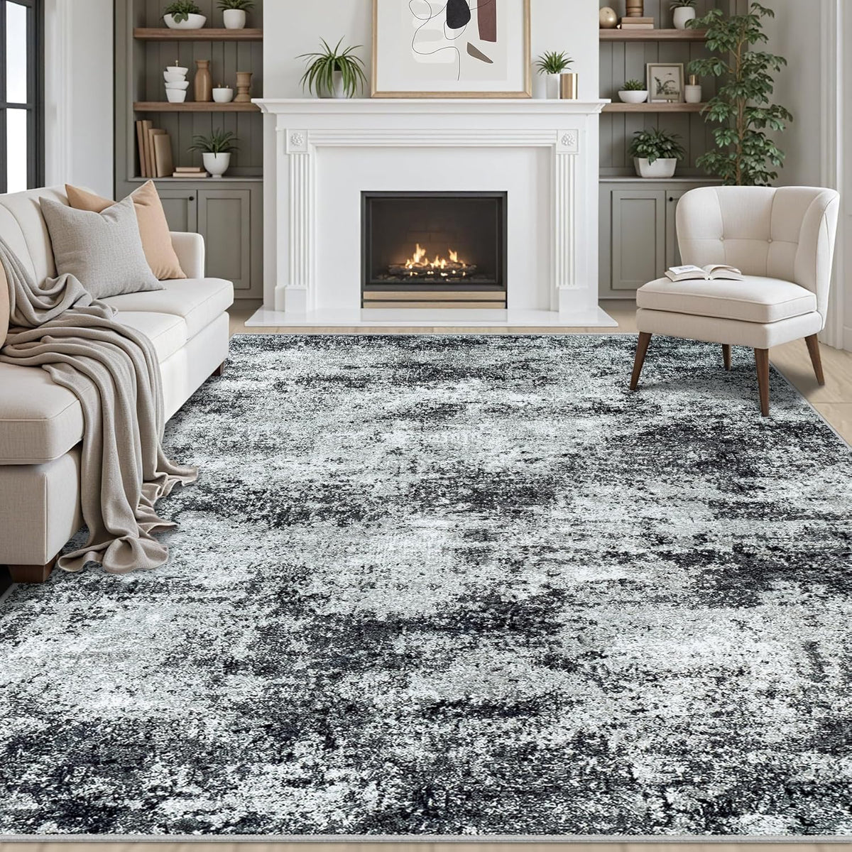 Area Rug 9x12 Washable Rugs: Abstract Large Living Room Rugs with Non-Slip Backing, Stain Resistant Indoor Floor Carpet for Bedroom Dining Room Table Nursery Hallway Home Office Dark Black/Gray