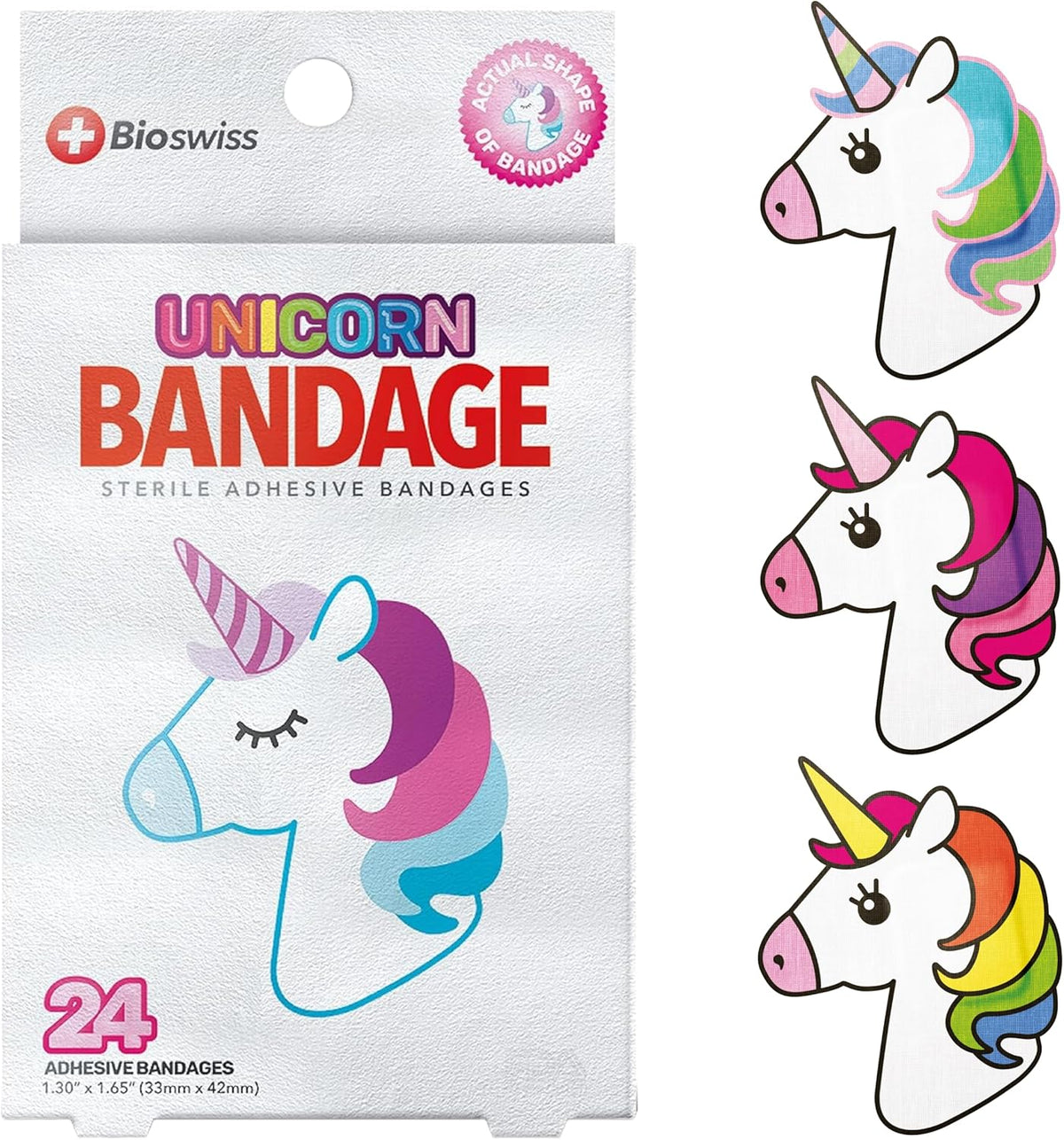 BioSwiss Bandages, Unicorn Shaped Self Adhesive Bandage, Latex Free Sterile Wound Care, Fun First Aid Kit Supplies for Kids, 24 Count