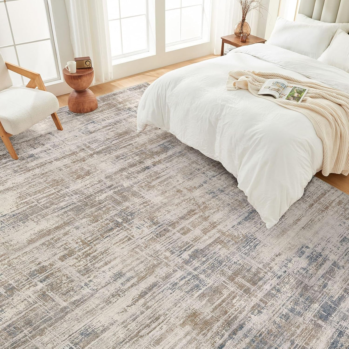 Area Rug for Living Room: 8x10 Washable Neutral Abstract Modern Soft Rugs Non Slip Indoor Floor Stain Resistant Large Carpet for Bedroom Dining Room Office Nursery - Brown