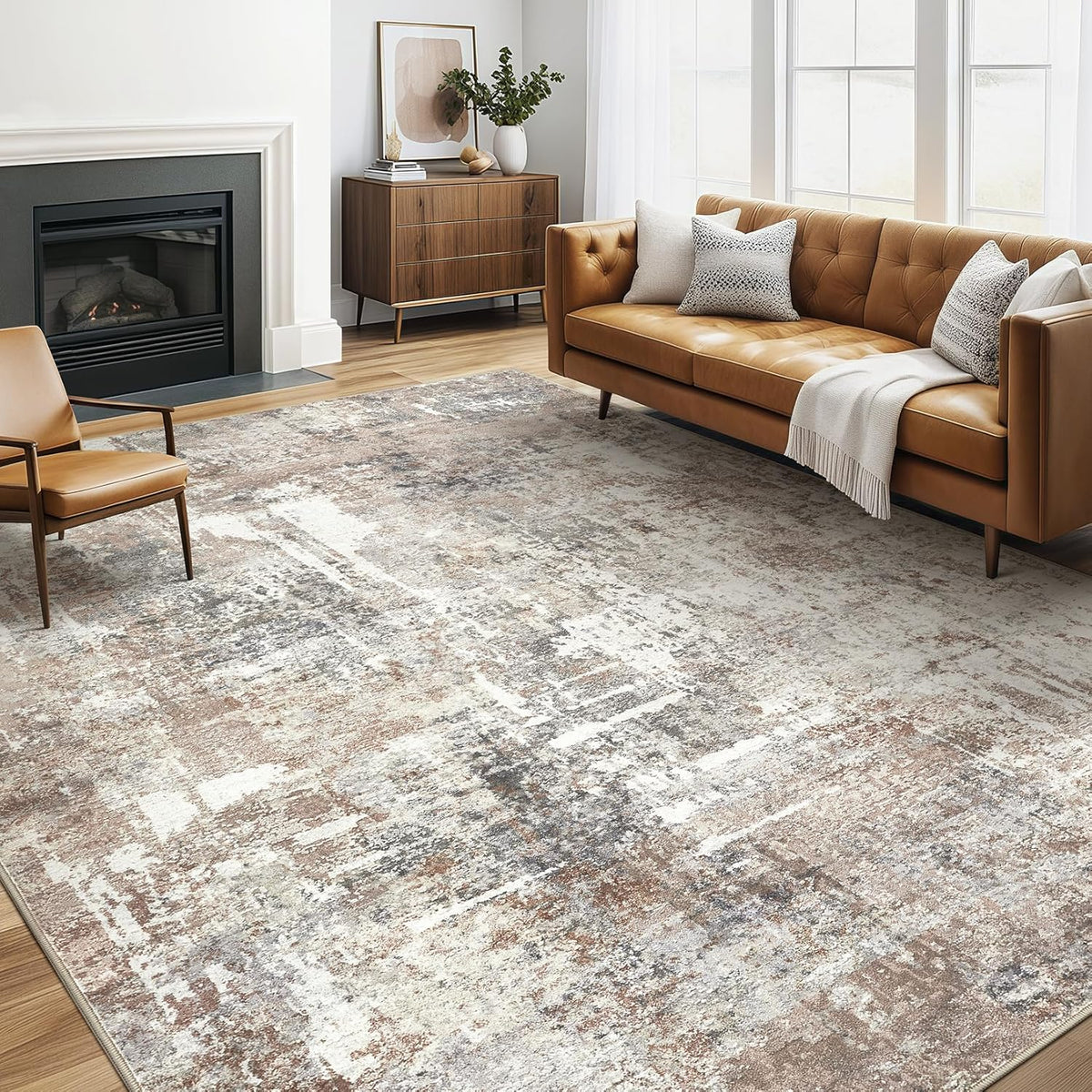 5x8 Area Rug Living Room: Machine Washable Large Abstract Modern Soft Rugs Stain Resistant Indoor Floor Non Slip Accent Carpet for Bedroom Nursery Playroom Office Dining Room Dorm Home House- Brown