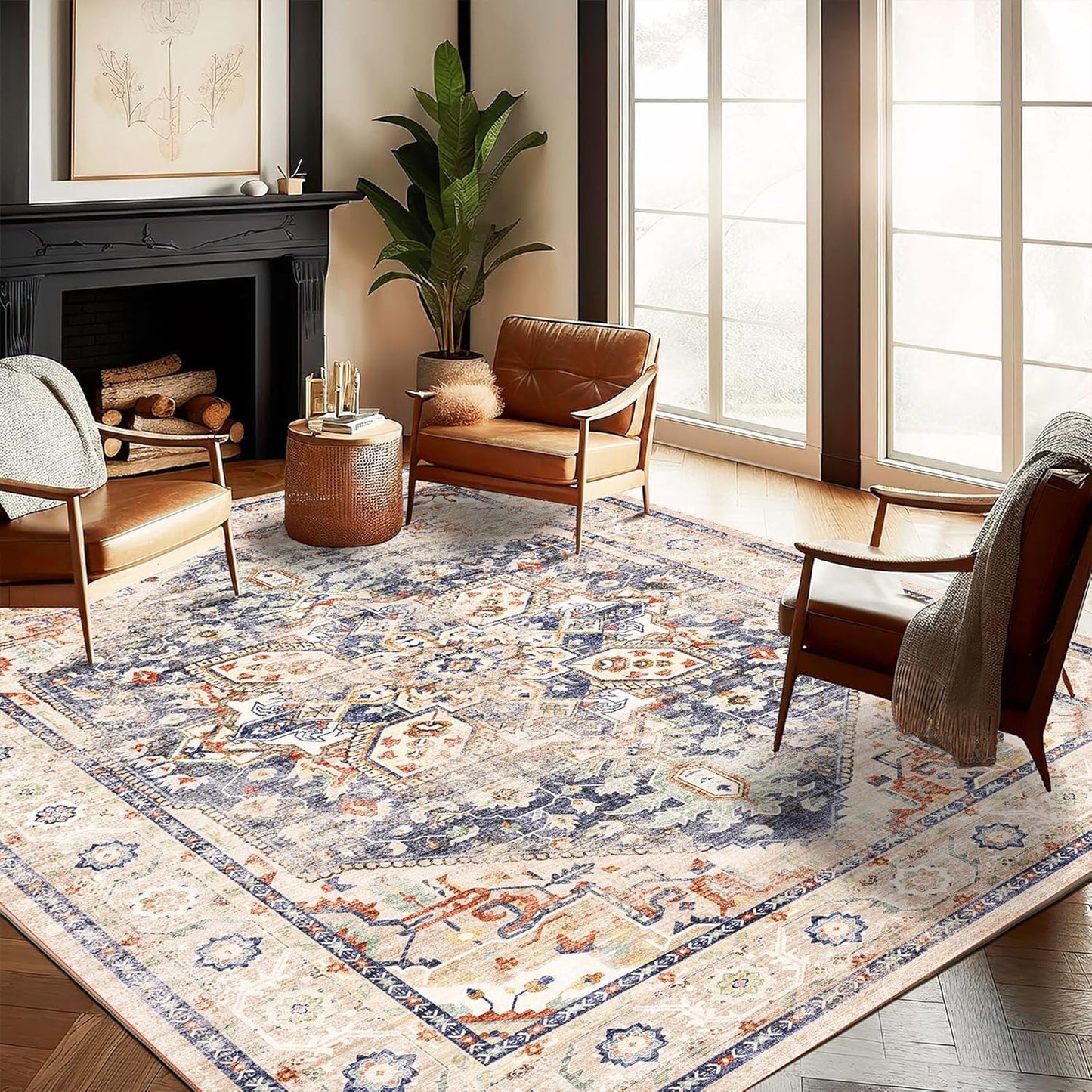 Washable Area Rug 9'x12' Blue Khaki Retro Flowers Boho Design Non-Shedding Easy Care Ideal for High Traffic Areas in Living Room Bedroom Office Coffee Table Kitchen Large Carpet