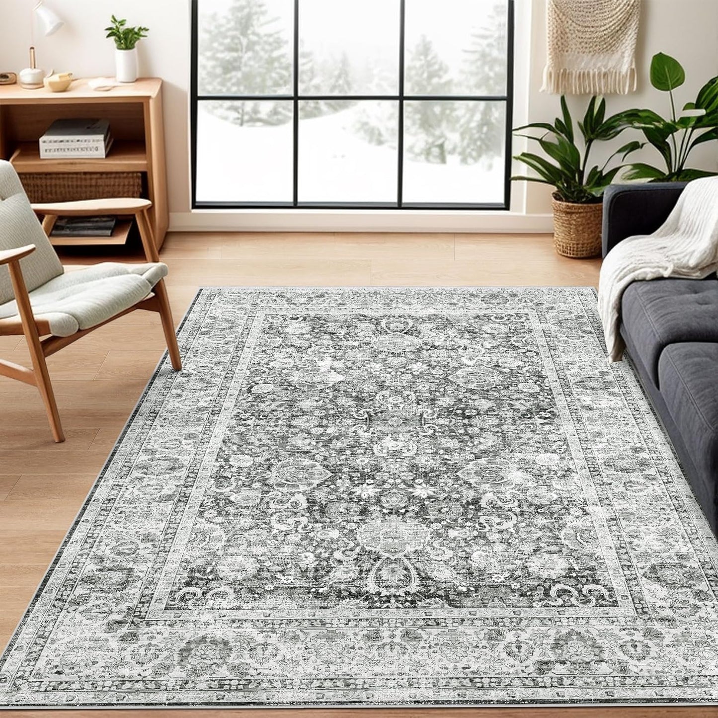 Deerly Area Rug 3x5 Area Rug with Non-Slip Backing, Washable Rugs for Bedroom Living Room Kitchen, Distressed Carpet Printed Low-Pile Soft Dorm Rug Room Decor(Grey)