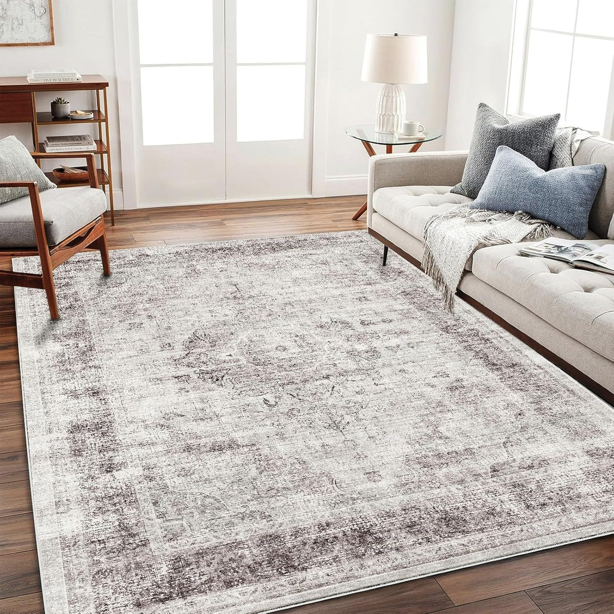 Area Rug 6'x9' Washable Floral red Vintage Traditional Floor Cover Thin Retro Kitchen Indoor Distressed Non Slip Carpet for Living Room Bedroom Dining Room