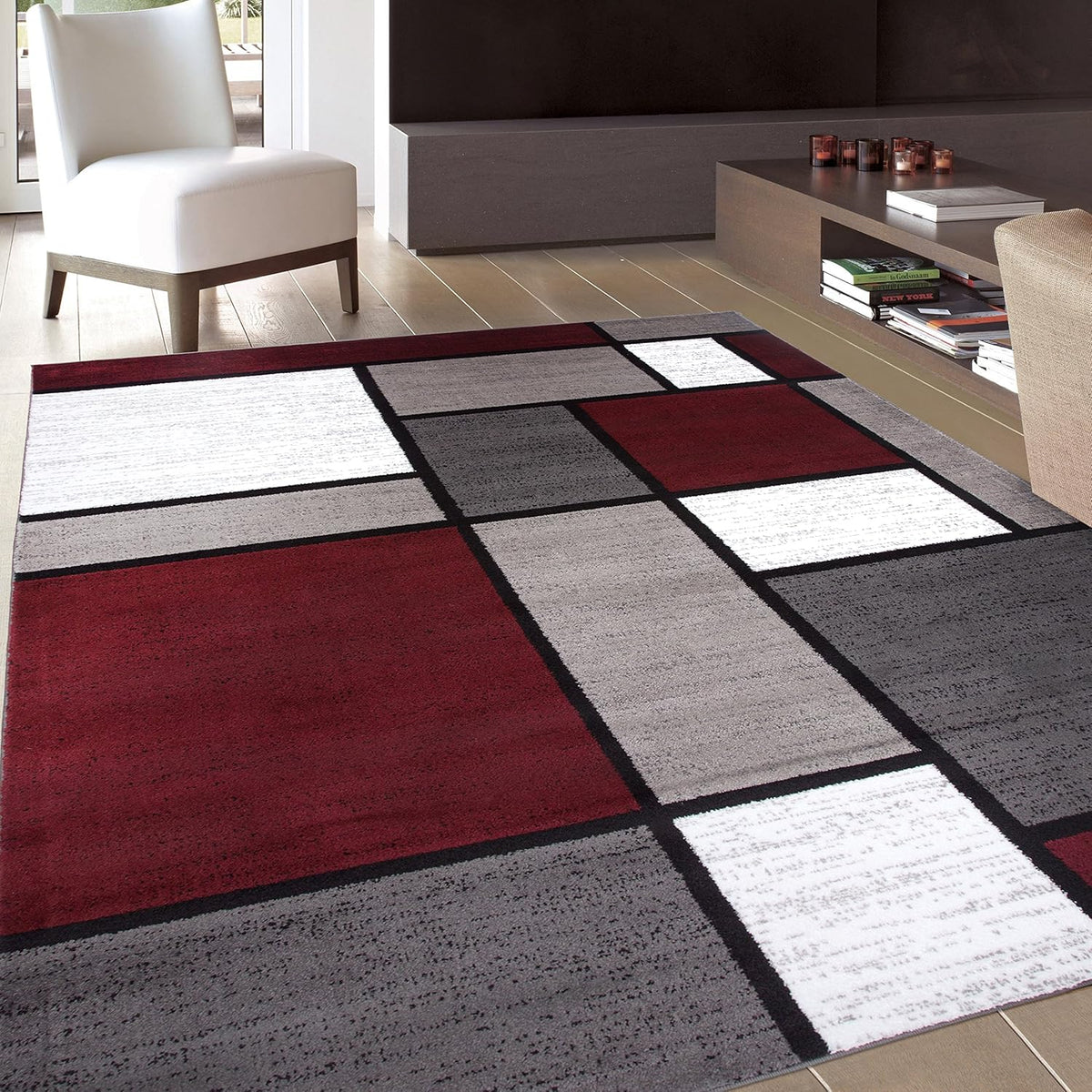Rugshop Contemporary Modern Boxes Area Rug 3'3" x 5' Red