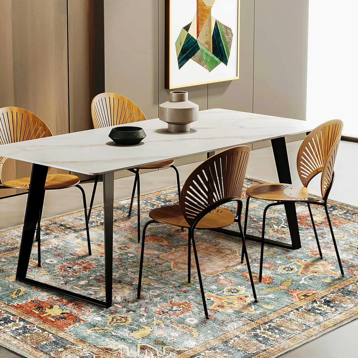 Area Rug 9'x12' Washable Vintage Traditional Mat Distressed Indoor Foldable Thin Retro Accent Floral Print Non Slip Carpet for Living Room Dining Room Office