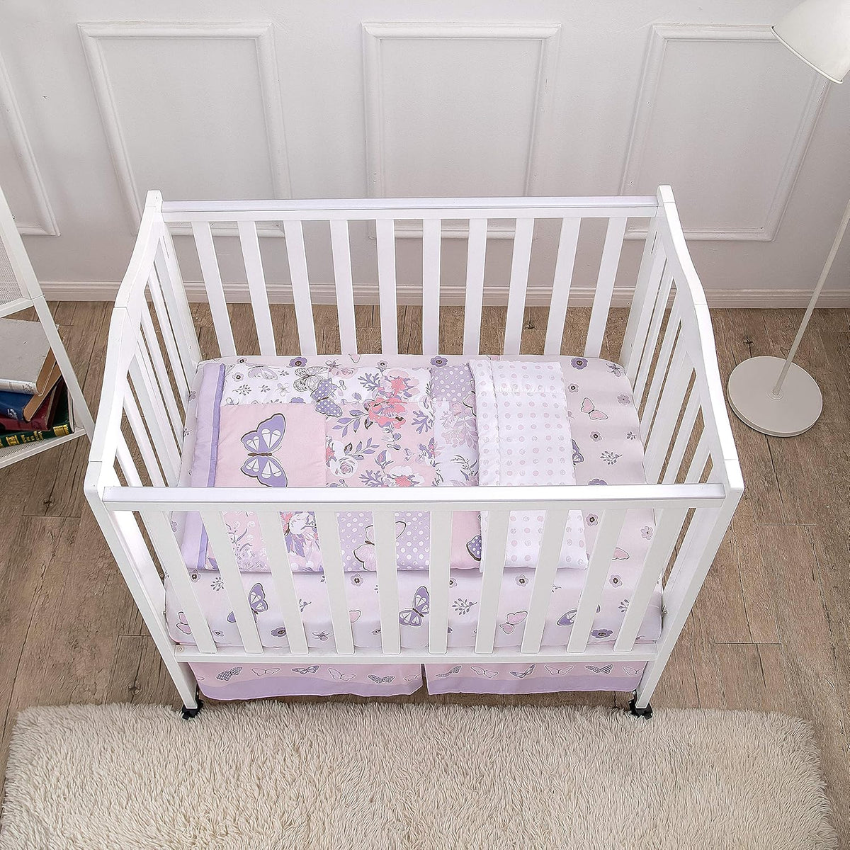 La Premura Baby Mini Crib Bedding Set for Girls, Pastel Purple Butterfly, 3 Piece Crib Set for Nursery Portable Crib, Purple and Pink